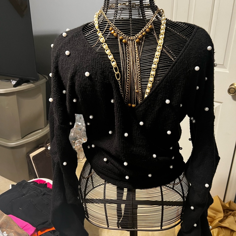 Fashion Nova Black V-Neck Sweater with Pearl Details